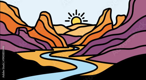 Stylized canyon landscape illustration with a river winding through orange and purple mountains under a rising sun in a minimalist, flat vector art style