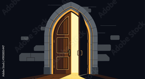 Old wooden arched door slightly open revealing a bright warm light from within a dark stone wall, a mysterious vector illustration representing opportunity and hope