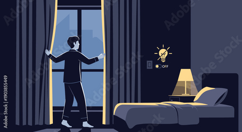 Man in dark pajamas opens the curtains of his dark bedroom at night, a conceptual vector illustration about energy conservation and saving electricity