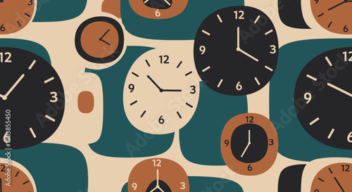 Seamless pattern of minimalist retro wall clocks with simple faces and hands in an earthy color palette of brown, teal, and beige, creating a vintage mid-century modern illustration