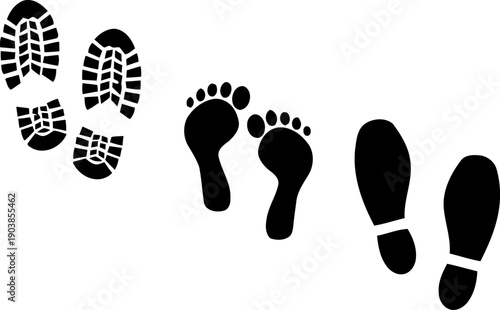 Footprints in a row from shoes to barefoot to sandals