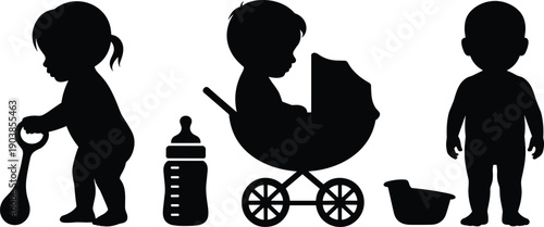 Set of Black Baby Silhouettes Featuring Toddler Playing Infant in Stroller and Newborn Essentials Isolated on White Background for Parenting Childhood and Maternity Graphic Designs