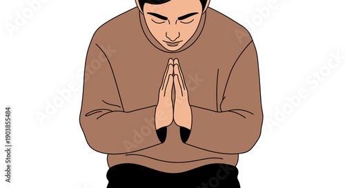 Young man praying with folded hands and closed eyes, spiritual meditation concept.