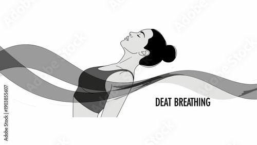 Woman practicing deep breathing exercise for mindfulness and relaxation, minimalist line art.