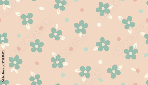 Seamless Pastel Ditsy Floral Print with Mint Green Flowers on Soft Peach Background