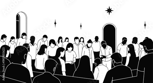 Minimalist black and white illustration of a crowd of people gathered in a hall with arched doorways.