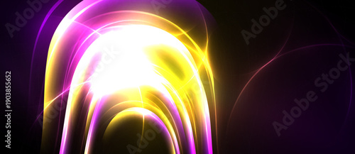 Bright abstract swirls, luminous curves, vibrant colors dominate dark background. Energy radiates from central point.