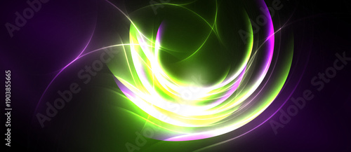 Abstract swirls, vibrant colors, dynamic energy. Green, purple, white light creates flowing patterns, dark background.