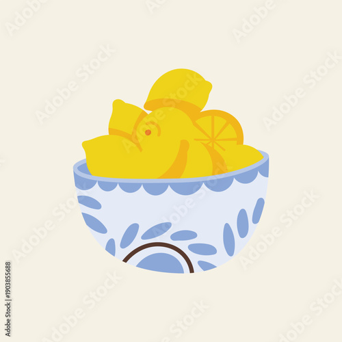 Vector illustration of a Mediterranean style ceramic bowl filled with fresh yellow lemons, featuring hand-drawn blue patterns, citrus fruit slices, and a minimalist flat aesthetic for kitchen decor.