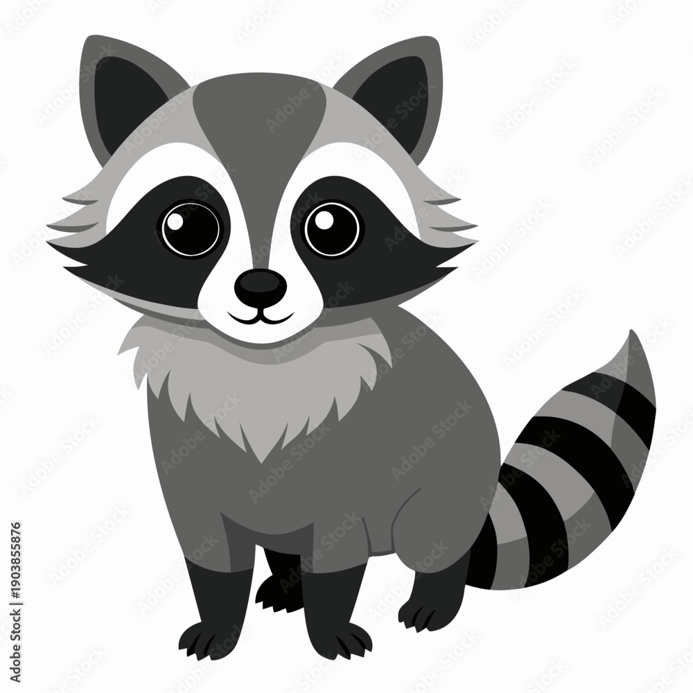 Obraz premium Cute сartoon raccoon with soft gray fur and striped fluffy tail, sitting in front view. Suitable for children's books, sticker, mascot, logo. Isolated vector illustration on white background