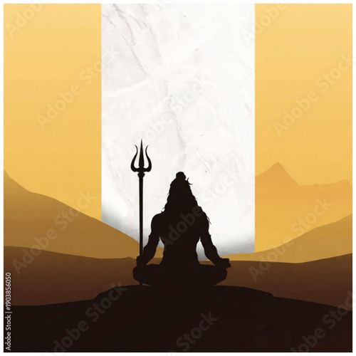 Divine Contemplation: A serene silhouette of a meditating figure, trident in hand, sits against a backdrop of mountainous landscape and soft illumination.