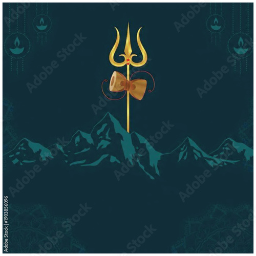 Divine Trident: A stylized illustration presents a golden trident atop a mountain range, symbolic of spiritual power. The elegant design invokes a sense of divinity, peace, and cultural richness.