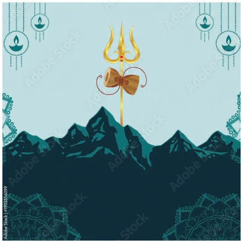 Sacred Symbol: An artistic representation of a trident symbol, signifying a spiritual journey amidst majestic mountains, alluding to divine significance and reverence.