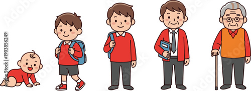 Human life stages cartoon, baby child teenager adult elderly, growth and aging sequence, educational illustration, biology concept, flat vector art