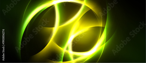 Abstract design features glowing yellow curves over dark green background. Shapes overlap creating dynamic visual effect. Brightness contrasts sharply.