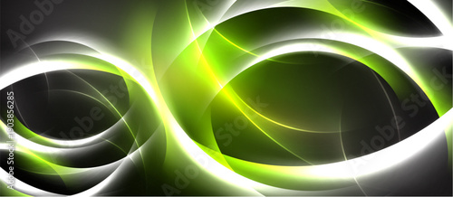 Abstract design features flowing green, white shapes. Dark background creates dynamic visual effect. Smooth curves suggest movement, energy.