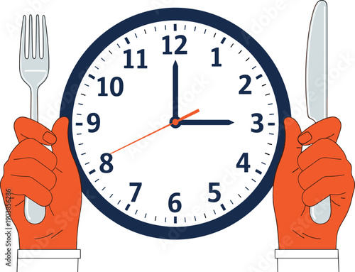 Meal time clock illustration, dining utensils concept, food and nutrition theme, creative design, scheduled eating, flat vector art