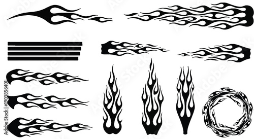 Flame decal. Fire abstract black silhouette flames for race car or tattoo. Tribal flame hotrod car vinyl decals and motorcycle airbrush stencil. Burning element vector set