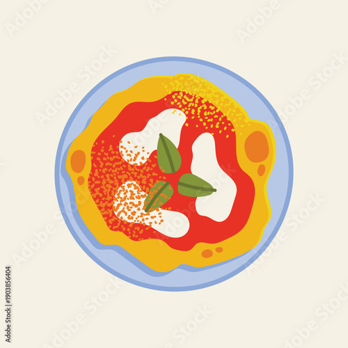 Top View Vector Illustration of a Delicious Italian Margherita Pizza on a Blue Plate with Tomato Sauce, Mozzarella Cheese, Fresh Basil Leaves, and Seasoning in a Flat Minimalist Cartoon Style