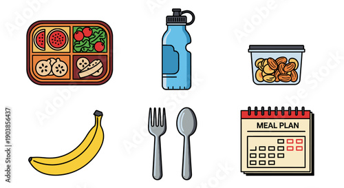 A meal planning scene featuring healthy food, utensils, and a calendar, showcasing a balanced diet and organization, viewed from directly above with simple illustrations.