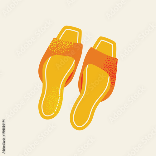 Yellow and Orange Summer Slide Sandals Vector Illustration, Retro Boho Flat Lay Slippers with Texture, Casual Beach Footwear Icon for Vacation Design, Stylized Hand Drawn Fashion Accessory