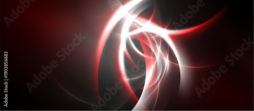 Abstract swirls, bright lines, red hues dominate dark background. Dynamic energy radiates from central point, creating visual impact.