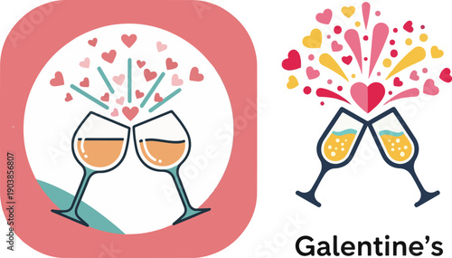 A celebratory vector graphic featuring two wine glasses clinking, releasing an explosion of pink and yellow hearts. Perfect for Galentine's Day and friendship-themed designs.