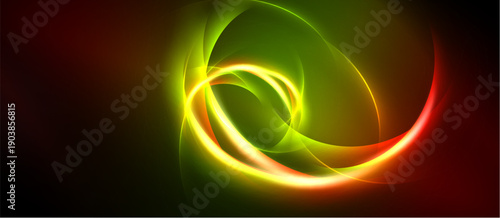 Bright swirling lights create abstract forms. Vivid colors blend, forming dynamic energy patterns. Dark background emphasizes luminosity.