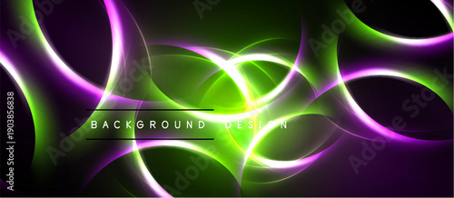 Abstract neon lights create flowing curves. Green, purple, white hues blend against dark background. Modern design element.