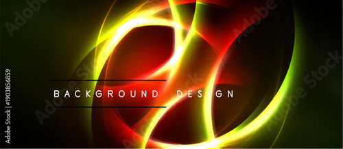 Bright abstract neon lines create dynamic circular shapes. Dark background emphasizes vibrant colors, modern design elements.