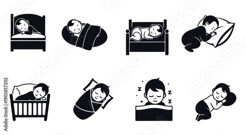 Set of icons representing babies sleeping in various positions and settings