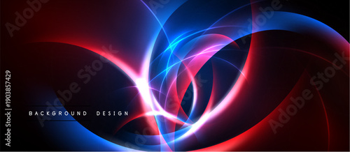 Abstract design features vibrant blue, red, pink glowing lines. Dynamic curves create futuristic energy effect over black background.
