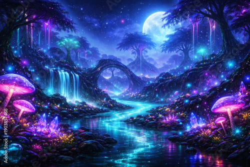 Cosmic Reverie: A Bioluminescent Stream Through the Neon Canopy