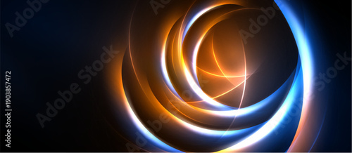Abstract swirls, vibrant orange, blue hues. Dynamic energy radiates from central point, dark background enhances luminosity.