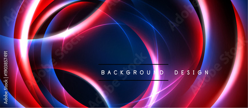 Abstract neon lines create dynamic circular shapes. Red, blue hues dominate dark background. Modern design element.