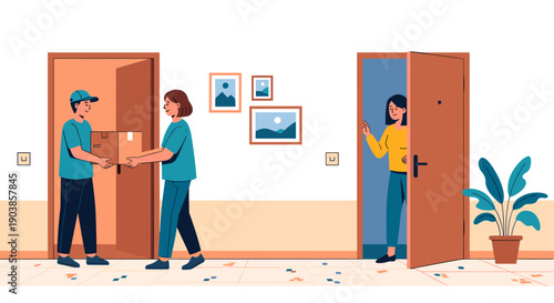 Friendly courier in a blue uniform delivering a cardboard package to a woman at her apartment door, illustrating a home delivery service concept
