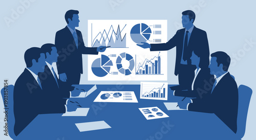 Business people silhouettes meeting in a boardroom, analyzing financial data on charts and graphs during a corporate presentation in a minimalist flat vector style