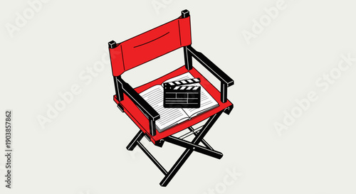 Red director's chair with a clapperboard and script on the seat, representing filmmaking and cinema, in a minimalist graphic illustration style isolated on a light background
