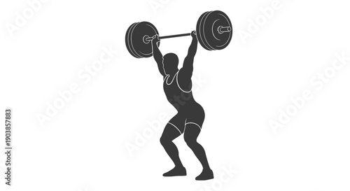 Dark grey silhouette of a male weightlifter lifting a heavy barbell overhead in a dynamic pose, a flat graphic vector illustration isolated on a white background
