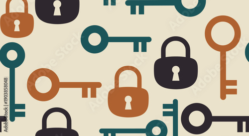 Colorful vintage-style keys and padlocks seamless pattern in a minimalist flat design, illustrating concepts of security, access, and privacy on a beige background