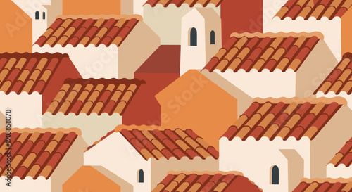 Abstract architectural illustration of dense rooftops with red terracotta tiles and light walls, creating a warm, seamless southern European village pattern