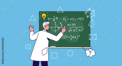 Elderly cartoon professor in a white lab coat writing complex physics and math formulas on a green chalkboard, surrounded by geometric shapes and a lightbulb idea icon