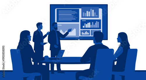 Blue silhouettes of business people having a corporate meeting and watching a presentation with data charts and graphs on a large screen, in a minimalist vector illustration style
