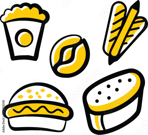 Cute Fast Food and Snack Vector Icons Set in Flat Cartoon Style