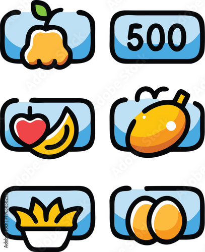 Colorful Food and Nutrition Vector Icons Set with Fruits and Snacks