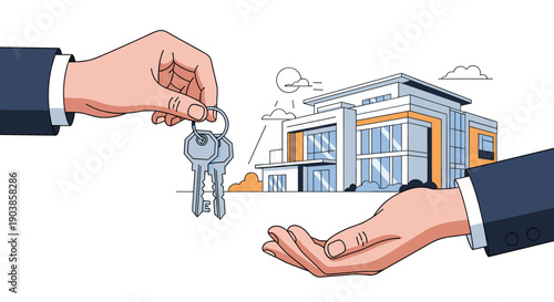 Hand giving house keys to another person in a business suit, symbolizing a real estate transaction with a modern home illustration in the background on a white backdrop
