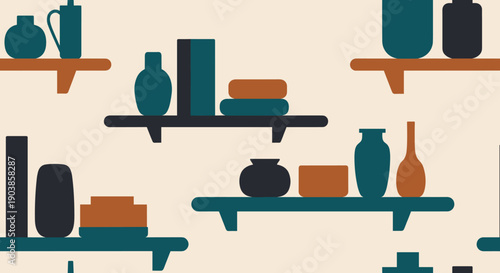 Seamless pattern of minimalist shelves with vases, jugs, and books in a modern flat graphic style, creating a repeating home decor background with a muted, earthy color palette