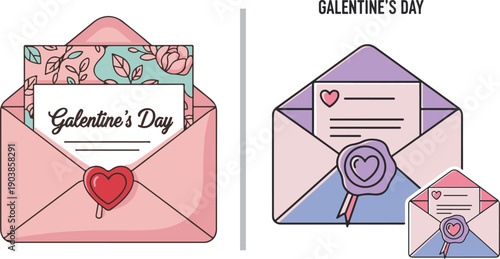 Two charming Galentine's Day invitation envelopes. One is pink with a floral card and red heart seal; the other is lavender and light blue with a purple wax seal and a dainty heart note.