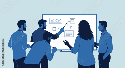 Business team of diverse colleagues collaborating during a presentation, standing around a whiteboard with charts and diagrams in a modern flat vector illustration style