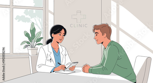 Female doctor in a white coat consults a male patient at a desk, writing notes in a notepad during a medical appointment in a bright and modern clinic office